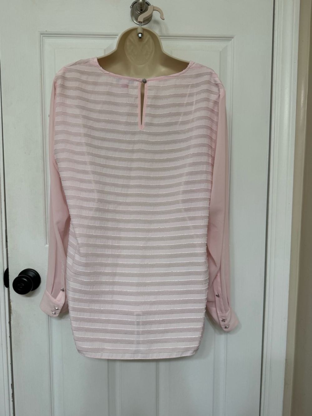 Vince Camuto Blush Pink Sheer Stripe Blouse L Lightweight Dressy Top - Picture 4 of 11
